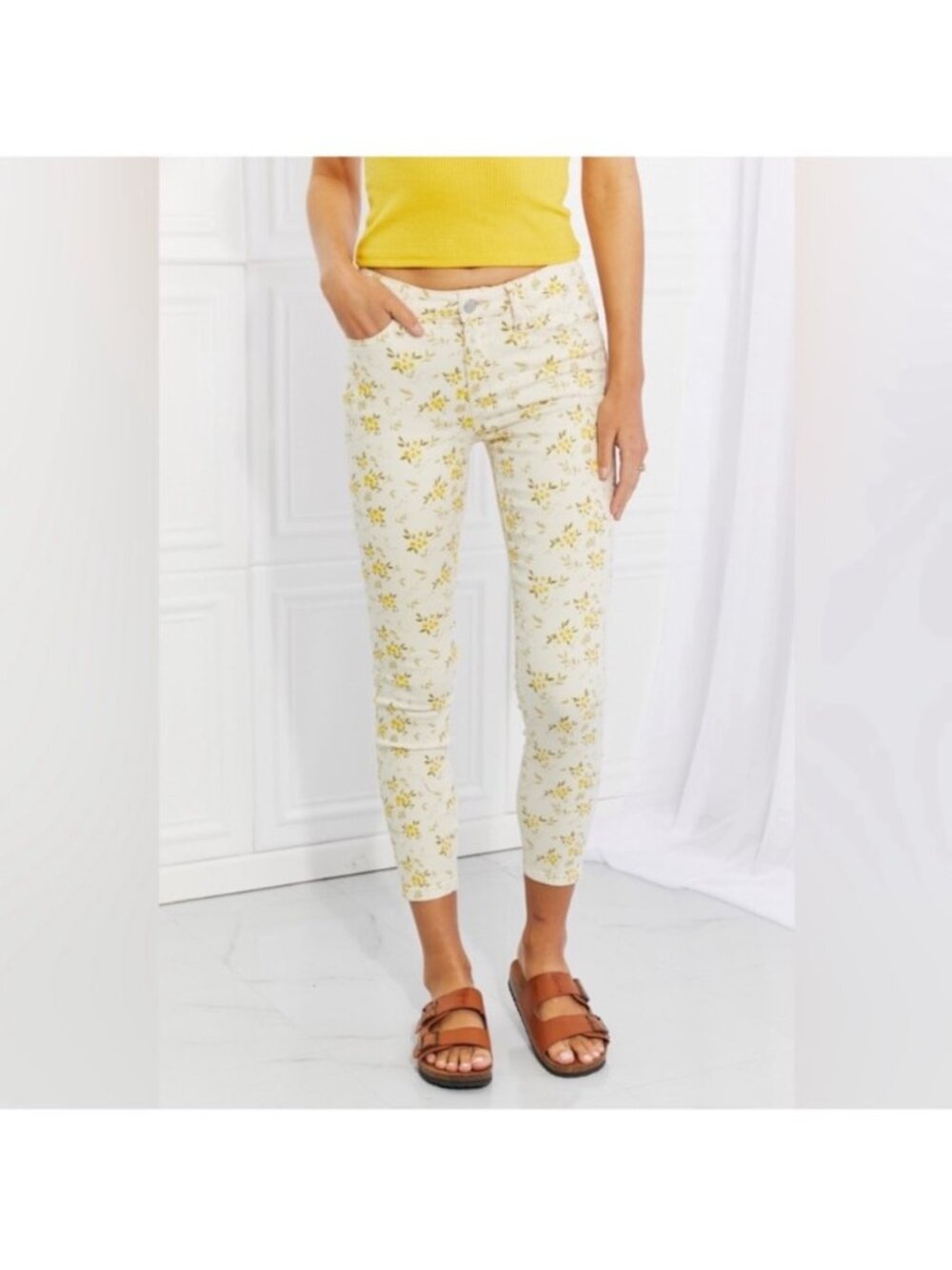Judy Blue Golden Meadow Mid-Rise Skinny Jeans Floral Stretchy Cropped Women 7/28